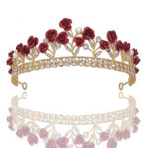 Hair Clips Barrettes Lyxig röd ros blomma prydnad kristall smycken krona huvudbonad koreanska bröllop tillbehör brud