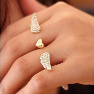кольцо с золотыми крыльями оптовых-Крыло и сердце двойное кольцо открытое кольцо для женского позолоченного кристалла