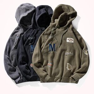 Wholesale thick pullover hoodies for winter for sale - Group buy Men s Hoodies Sweatshirts Autumn And Winter Japanese Retro Polar Fleece Pullover Hooded Embroidered Fashion Thick Casual Sports