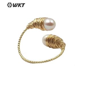 anéis envolvidos em fio venda por atacado-Anéis de cluster wt r342 fio duplo envolto anel de pérola metal eletrodometria ouro ajustável forma geométrica elegante para as mulheres jóias
