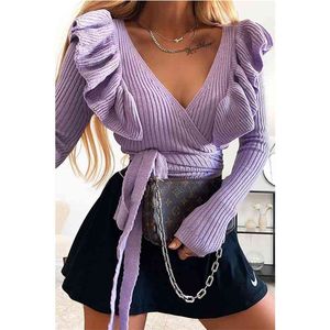 knitted ruffle v neck sweater cardigans plus size women lace up purple casual chic streetstyle cropped