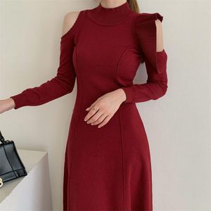 Casual Dresses Korean One Piece Elegant Fashion Knitted Sweater Dress Fall Winter French Vintage Off The Shoulder Slim