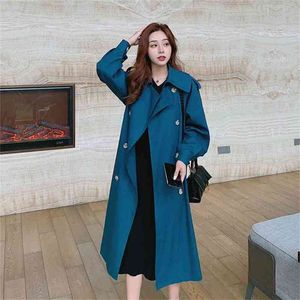 vintage-duster großhandel-Zweireiher Frauen Trench Mantel Vintage lange unter Knie Gürtelter Duster Blau Oberbekleidung für Damen Casual Korean Windjacke