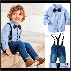 Wholesale maternity long trousers for sale - Group buy Sets Clothing Baby Kids Maternity Infant Baby Born Boy Long Sleeved Collar Shirt Denim Straps Trousers Set Childrens Banquet Formal Weddi