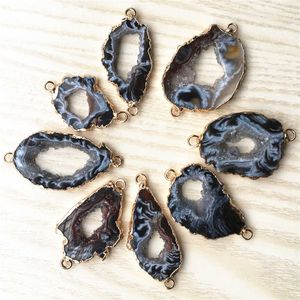 Naturliga svarta Agates Skiva Pendants Connectors Oregelbundna Rå Agates Druzy Natural Stones Pendants för DIY Smycken Making G0927