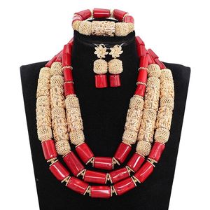 rote korallenschmucksachen großhandel-Ohrringe Halskette Wein Rot und Gold Korallen Qualität Echte Perlen Brautschmuck Set Layer Kostüm Erklärung Frauen GIF ABH686