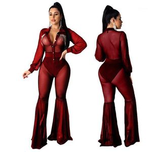 Wholesale legging overalls for sale - Group buy Women s Jumpsuits Rompers Sexy Jumpsuit Women Lapel Mesh Perspective Long Sleeve Legging Bodycon Black Nightclub Overalls
