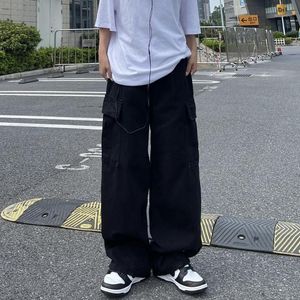 düşük gevşek jean toptan satış-Erkek kot pantolon çok değil düşük japon sokak büyük siyah cep takım elbise erkekler ve kadınlar için gevşek geniş bacaklı