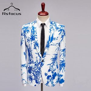 Wholesale mens white slim fit suits resale online - Rsfocus White Blue Bamboo Printed Blazer Men Autumn Slim Fit Stage Party Hommes Blazers Chinese Style Costume Homme XZ213 Men s Suits