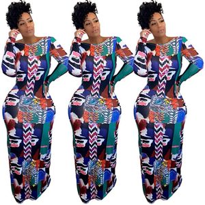 Wholesale party wear for plus size resale online - Women plus size maxi casual dresses summer fall clothing sexy club printing backless fashion scoop neck long sleeve shealth column evening party wear stylish