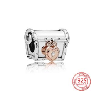 Authentieke Sterling Silver Charm Treasure Box met Rose Hangslot Kralen Fit Pandora Armband en Ketting Sieraden Geschenken