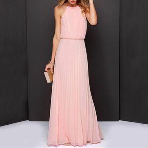 Casual Dresses Chiffon Long Dinner Party Dress Women Halter Sleeveless Pleated Prom Gown Gala Summer Floor Length Vestido De