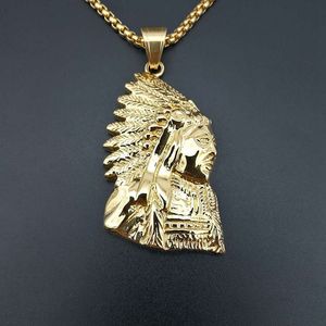 goldfeder-charmehalskette großhandel-Hip Hop Feder Indianer Anhänger Charm Mit Kette Gold Farbe Edelstahl Halskette Für Männer Modeschmuck