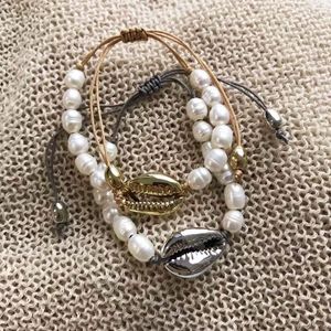 bilezik perle toptan satış-Boncuklu Strands Shell Tatlısu Inci Bilezik Femme Slipknot Örgü Halat Moda Kadın Bilezikler Severler Boho Takı Perles Stra