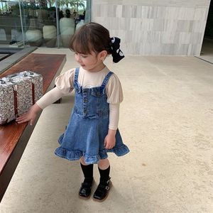 Ins mode barn flickor denim suspender klänning kvalitet barn falbala mjuk cowboy koreansk stil ruffle outwears