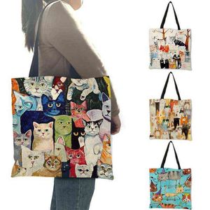 eko çanta deseni toptan satış-Moda Çanta Tote Güzel Desen Kadın Tote Sevimli Karikatür Kediler Görüntü Baskılı Çanta Eko Keten Seyahat Pratik Omuz Lady
