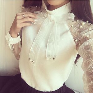 New Spring Elegant Organza Bow of Pearl White Blouse Casual Chiffon Shirt Women Blouses Tops