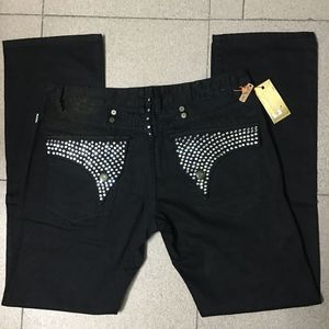 Mens Robin Jeans Black with Silver Crystal Studs Denim Pants Designer Trousers Wing Clips zipper Embroidery Straight fit size
