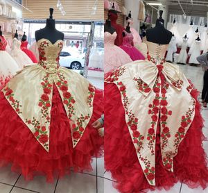Wholesale mexican girl dresses for sale - Group buy 2022 Modest Asymmetrical Skirt Quinceanera Dresses Ball Gown Gold Beaded Floral Applique Mexican Party Prom Sweet Girls Dress