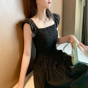 Ärmlös svart Midi Dress Kvinnor Casual Elegant Strap Office Ladies One Piece Korean Square Collar Sommar