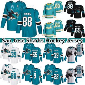 camisolas de tubarões venda por atacado-San Jose Sharks Jersey Brent Burns Erik Karlsson Evander Kane Logan Couture Timo Meier Tomas Hertl Hóquei Jerseys
