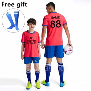 Wholesale red soccer sets resale online - Customize Football Team Match Uniforms Men Kid Football Jersey and Short Kits Red Blue Purple White Yellow Custom Soccer Sets