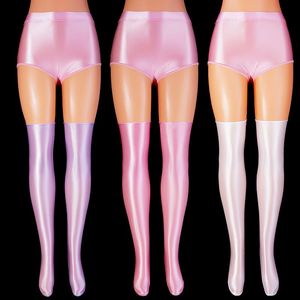 Yoga outfit satin glänsande sömlösa spandex shorts biker kvinnor kort olja glänsande silkeslen sexig glitter leggings med stocking