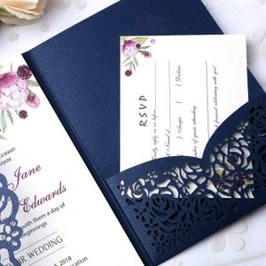 結婚式のブライダルシャワーのためのブルゴーニュのリボンと新しいスタイルの3つ折りの青い招待状カードNHD10258