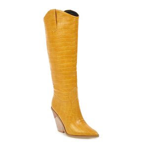 шипованные коленные сапоги оптовых-Классическая мода черно белые желтые колены высокие ботинки рыцарь западный ковбой женские длинные зимние туфли заостренный носок ковгирль клинья мотоцикл обувь