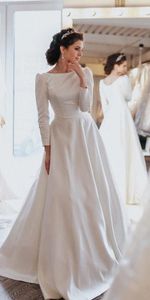 Skromny design Suknie ślubne Satynowe Suknie Ślubne Suknie Ślubne Z Długim Rękawem Długim Rękawem Przyciski Cuff Muzułmańska Vestido de Noiva Czeski
