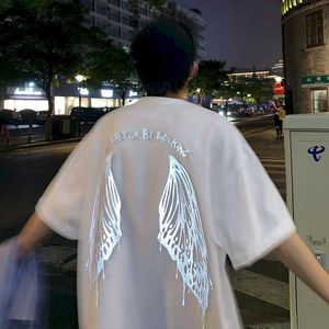 Wholesale korean summer boys t shirts for sale - Group buy Men s and Women s Tee Creative Wings Printed T shirts for Boys Summer Korean Trend Reflective Five point Sleeve Top