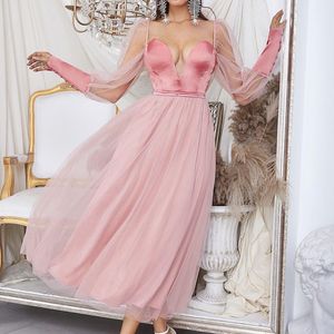 Casual jurken groothandel vrouwen roze diepe v hals mesh lange mouwen sexy avond beroemdheid cocktail feestjurk