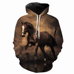 hoodie do cavalo 3d venda por atacado-Venda Suéter Homens Mulheres Mulheres Impressão Brown Cavalo Animal Padrão Pullover Unisex Casual Creative Oversized Hoodies
