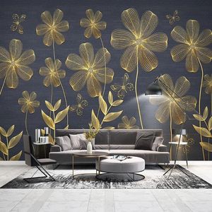 Wallpapers aangepaste muurschildering behang moderne licht luxe d gouden reliëf lijn bloem muurschildering Nordic woonkamer achtergrond papier