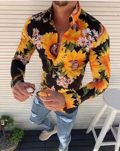 erkek sarı çiçek gömlek toptan satış-Rahat Yeni Sonbahar Tasarımları Şık Uzun Kollu Düğme Aşağı Erkek Gömlek Üst Moda Tatil Erkekler için Sarı Çiçek Baskı Gömlek