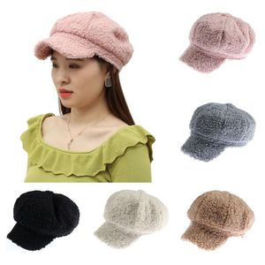 Berety pc modna jesień i zima jagnięcina wełna ośmiokątny kapelusz solidny kolor ciepłe damskie słodkie odzież