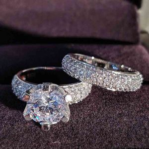verlobungsringe princess cuts großhandel-Moonso Sterling Silber Ringe für Frauen CT PC Princess Cut Hochzeits Engagement Schmuck Ring Set R4632