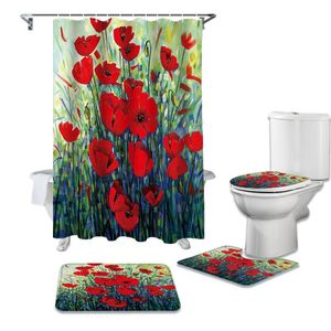Douchegordijnen Poppy Flower Oil Painting Gordijn Sets Antislip Tapijten Toilet Deksel Cover en Bad Mat Waterdichte Badkamer