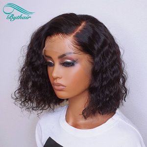 BYTHAIR x6 HD Przezroczyste koronki przednie ludzkie włosy peruki brazylijski krótki bob falisty z włosami dziecka preusted naturalny kolor dla czarnych kobiet