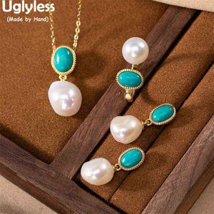 Ugless Nya Populära Barock Pearls Smycken Satser för Kvinnor Naturliga Pärlor Turkos Örhängen Ringar Halsband Nej Kedja Silver