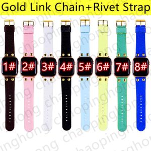 Wholesale gold apple watch band for sale - Group buy Watch Band Strap For Apple Watch mm mm mm mm mm mm iWatch SE Series Wristband Fashion Leather Gold Link Chain Rivet Bracele Luxury Flower Smart Straps