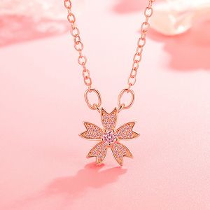 rose petal jewelry toptan satış-Kore Petal Edebiyat Gül Altın Kiraz Kolye Kız Pembe Elmas Zirkon Kolye CollarBone Zincir Takı