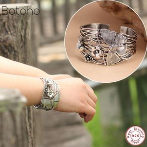100 Pure Sterling Silver Bracelet Women Wide mm Thailand Handmade Butterfly Flowers Opening Hollow Jewelry Bangle