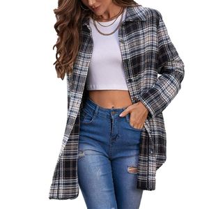 女性のジャケット2021女性のカジュアルなファッション格子縞のシャツの女の子大人の緩いボタンダウンカラーブロック長袖ラペルジャケットブラック カーキ