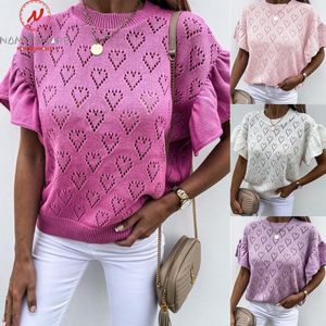 Elegante vrouwen zomer effen t shirts hartvormig uitgehold ontwerp doorzicht door O hals petal mouw casual losgebreide top vrouwen T shirt