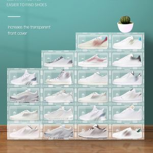 пластиковая коробка ящика оптовых-Пластиковая прозрачная стойка для обуви складные стекируемые ящики для хранения Дисплей наложенные комбинированные туфли контейнеров кабинета коробок