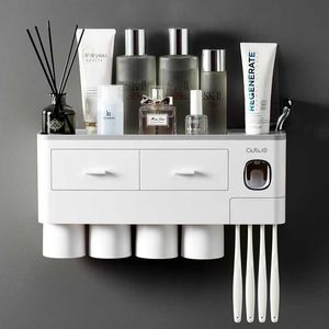 Toothbrush Holder Wall Mount Magnetic Adsorption Inverted Toothpaste Dispenser Makeup Storage Rack For Bathroom Accessories Set V2