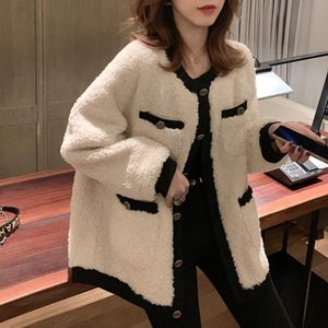 Loose casual fleece jacket fur one piece hit color lamb faux furs coat women thick fur coats