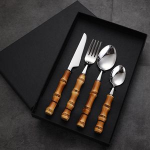 Wholesale bamboo kitchen utensils for sale - Group buy 4Pcs Set Bamboo Handle Flatware Dinnerware Cutlery Sets Stainless Steel Utensils Service Tableware Knife Fork Spoon for Home Kitchen Restaurant With box