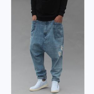 düşük gevşek jean toptan satış-Baggy Harem Jeans erkek Delik Gevşek Punk Hipster Düşük Kasık Pantolon Kovboy Pantolon Rahat Erkek Adam Giyim